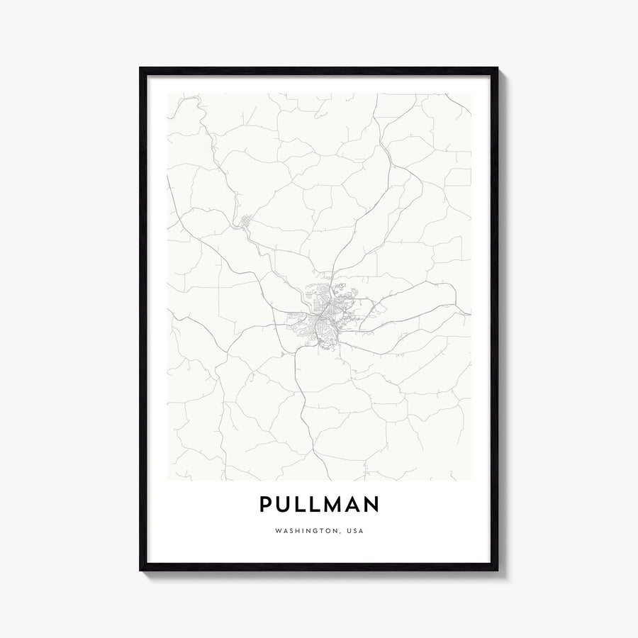 Pullman black & white map poster of Washington, USA – vertical wall art, unframed print shown in interior mockup