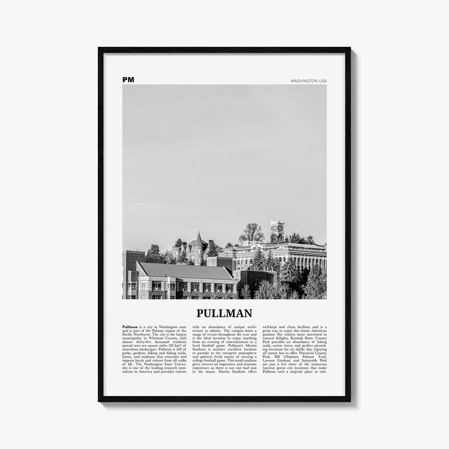 Pullman black & white newspaper poster of Washington, USA – vertical wall art, unframed print shown in interior mockup