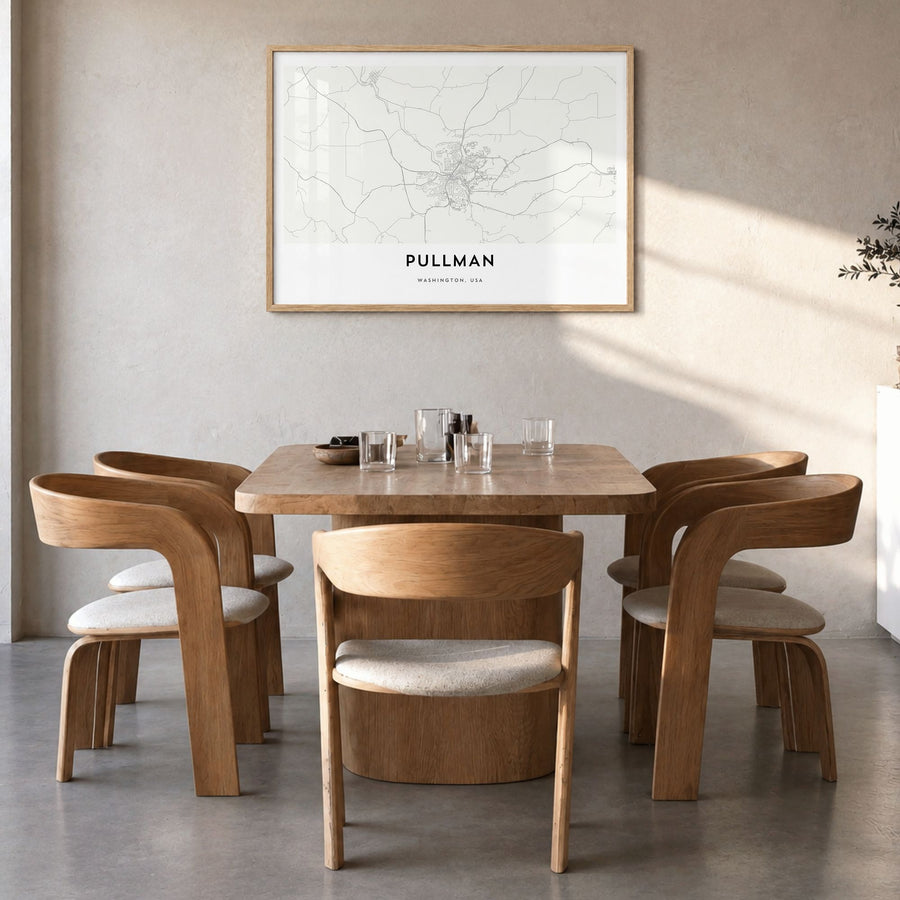 Pullman Map Poster in a natural wood frame, hanging in a dining room