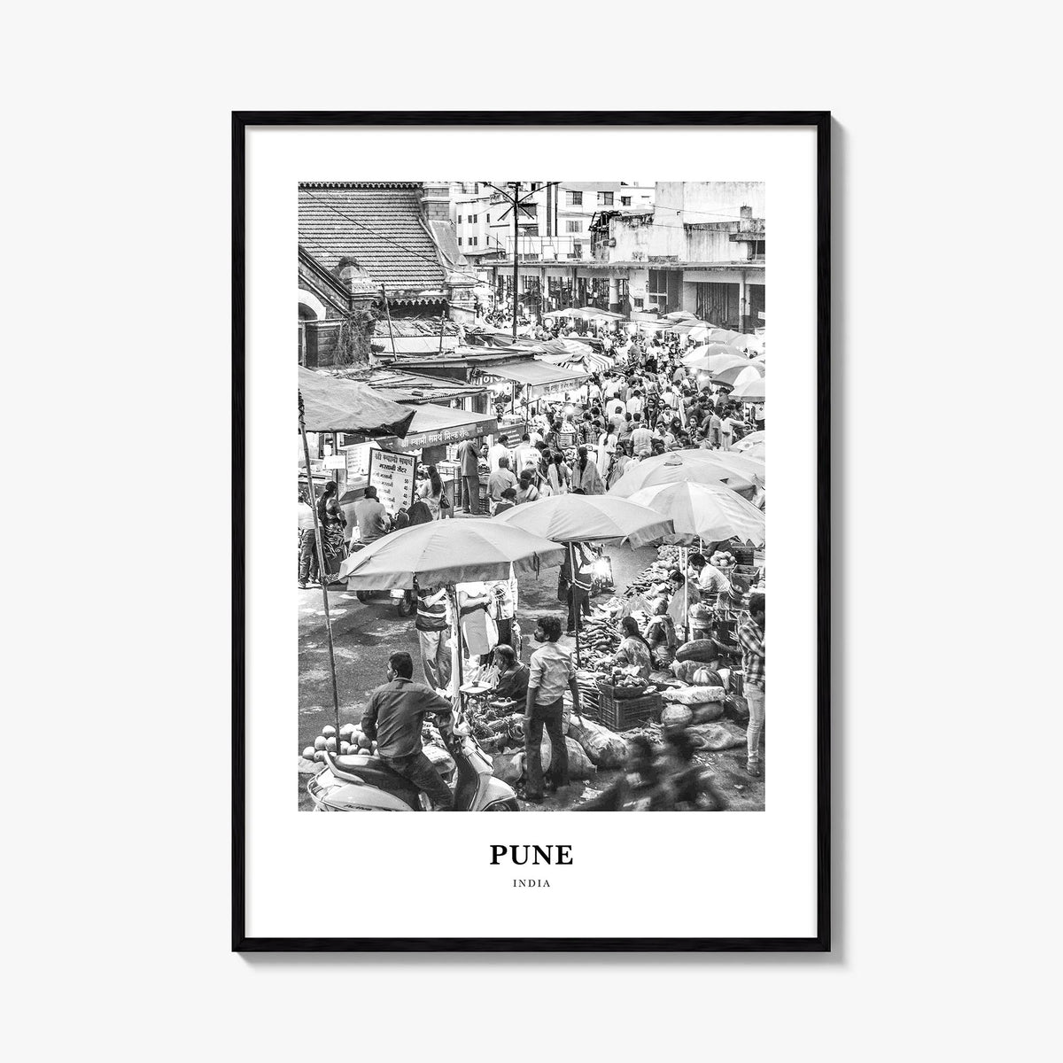 Pune black & white classic poster of India – vertical wall art, unframed print shown in interior mockup