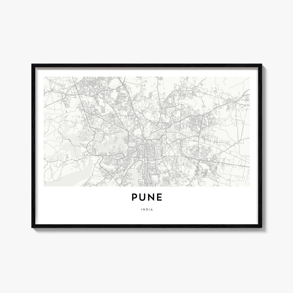Pune black & white map poster of India – horizontal wall art, unframed print shown in interior mockup