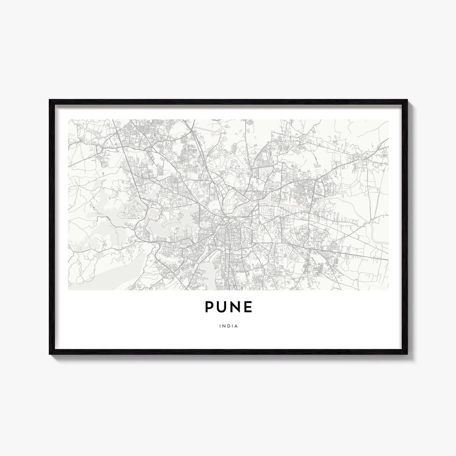 Pune black & white map poster of India – horizontal wall art, unframed print shown in interior mockup