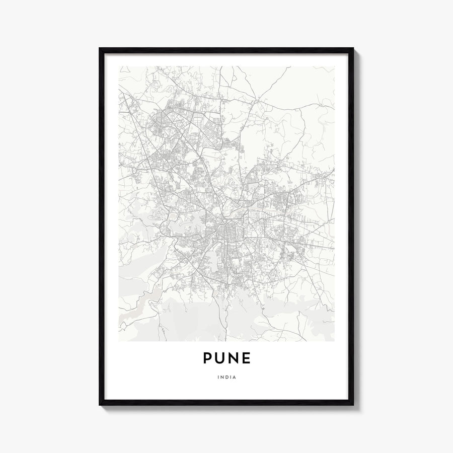 Pune black & white map poster of India – vertical wall art, unframed print shown in interior mockup