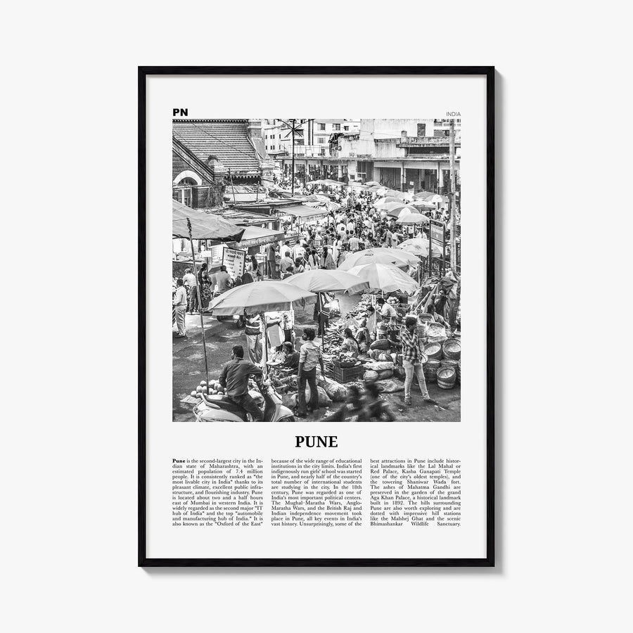 Pune black & white newspaper poster of India – vertical wall art, unframed print shown in interior mockup