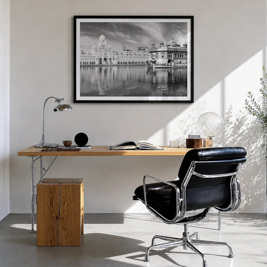 Punjab black & white photo poster of India – horizontal wall art in black wood frame with white border, hanging on wall