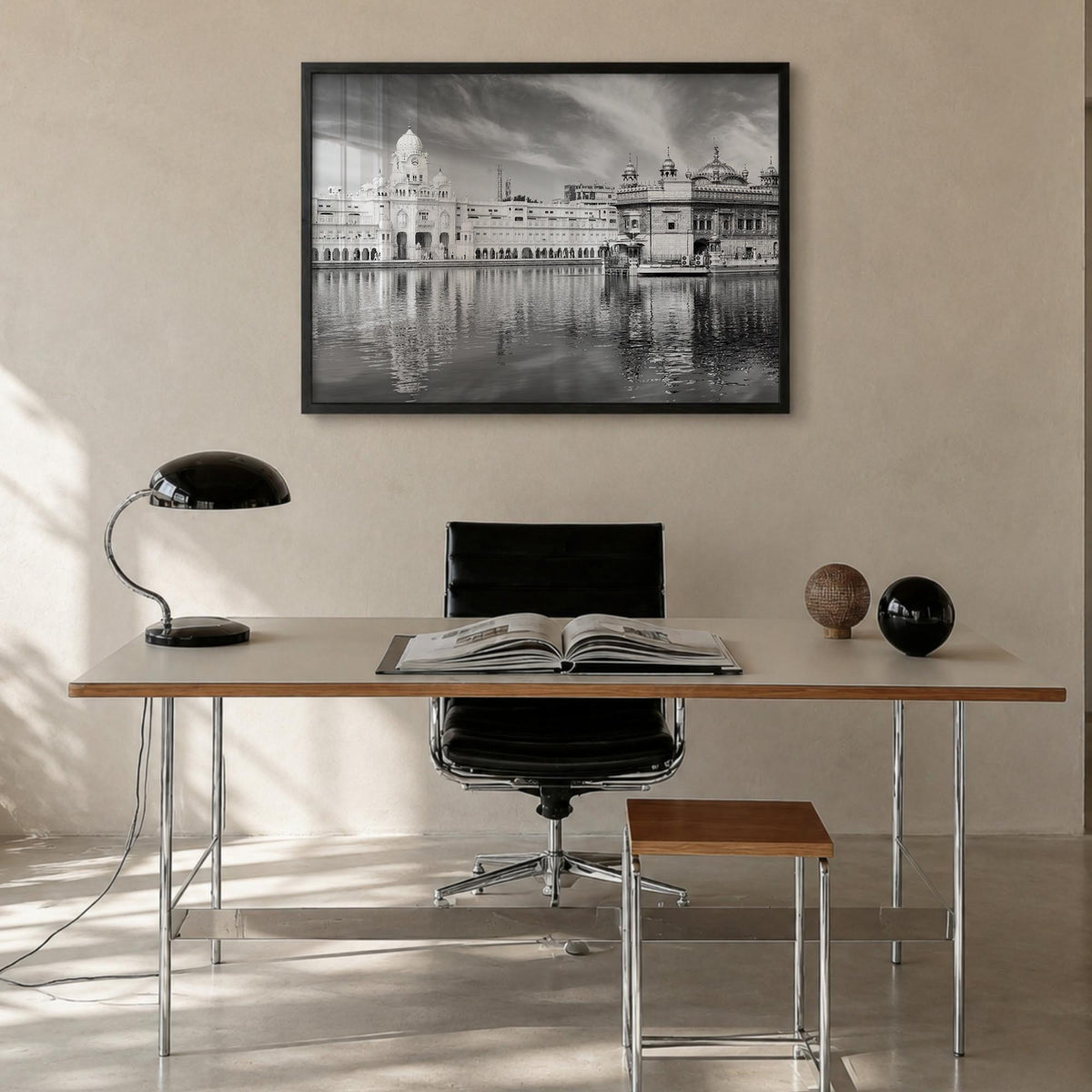Punjab black & white photo poster of India – horizontal wall art in black wood frame, hanging on wall