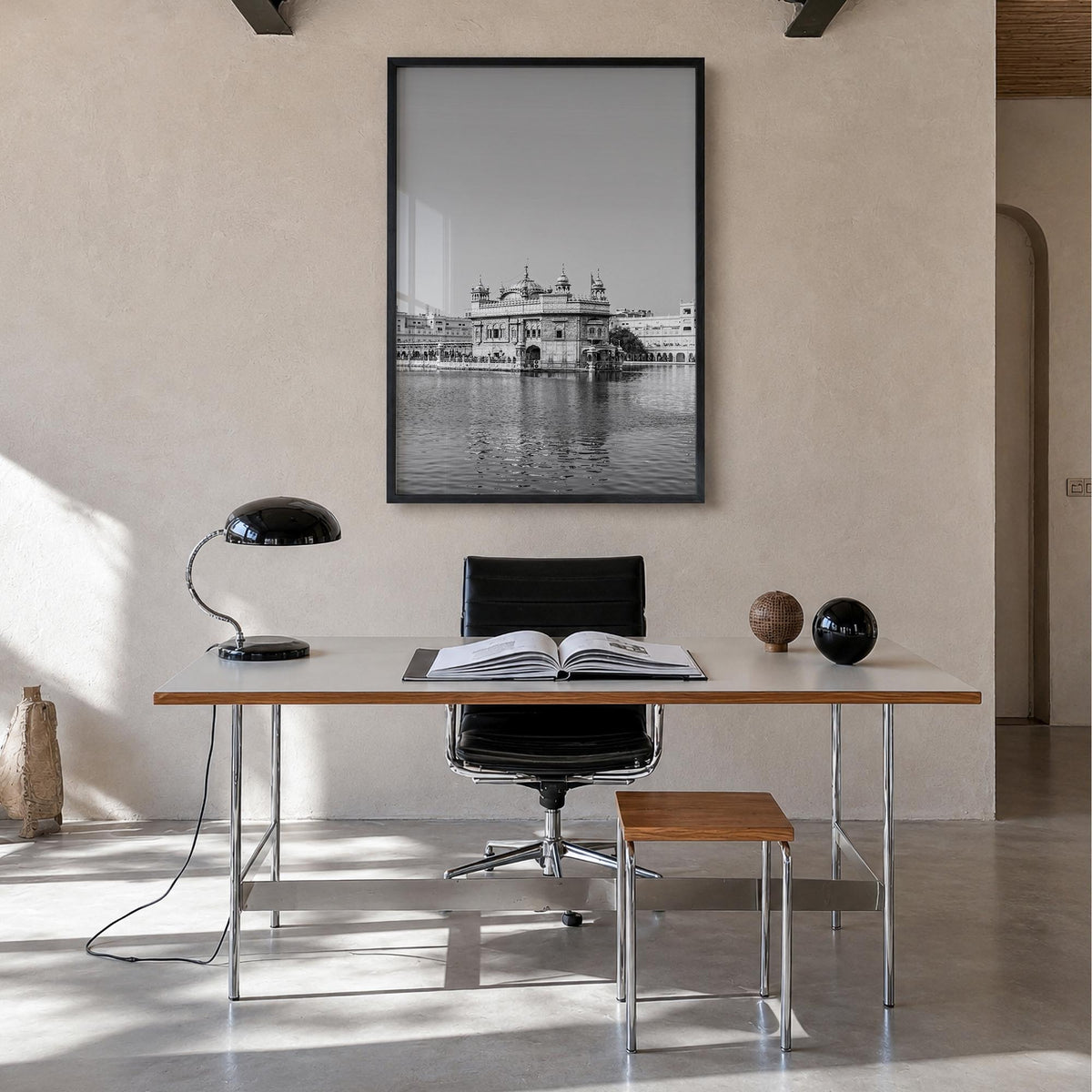 Punjab black & white photo poster of India – vertical wall art in black wood frame, hanging on wall