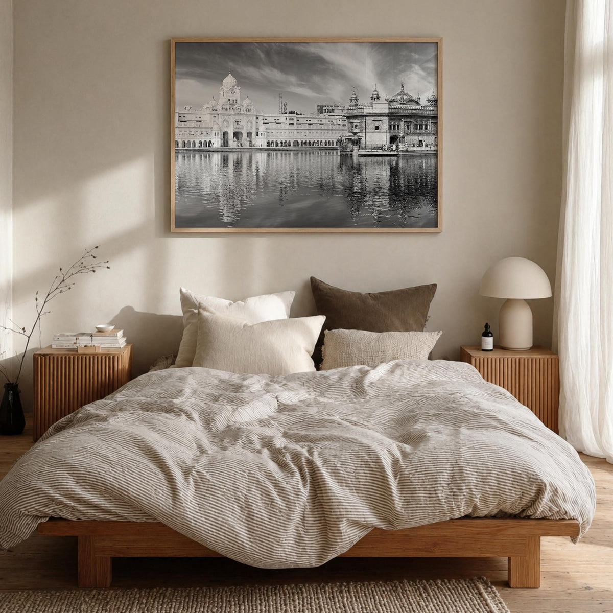Punjab black & white photo poster of India – horizontal wall art in natural wood frame, hanging on wall