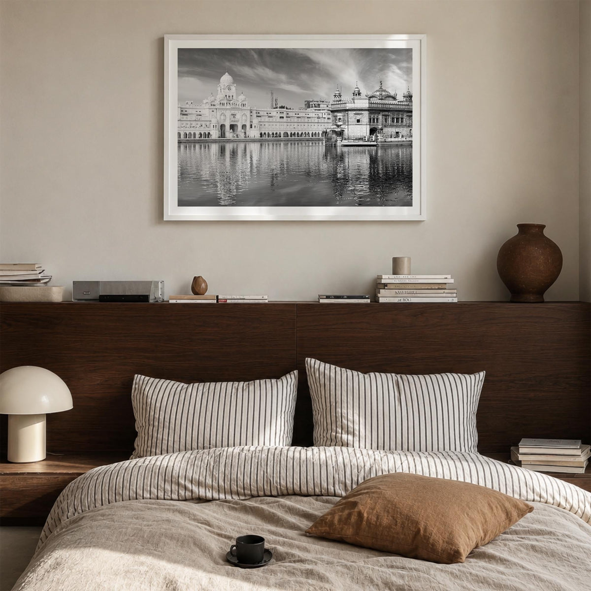 Punjab black & white photo poster of India – horizontal wall art in white wood frame with white border, hanging on wall