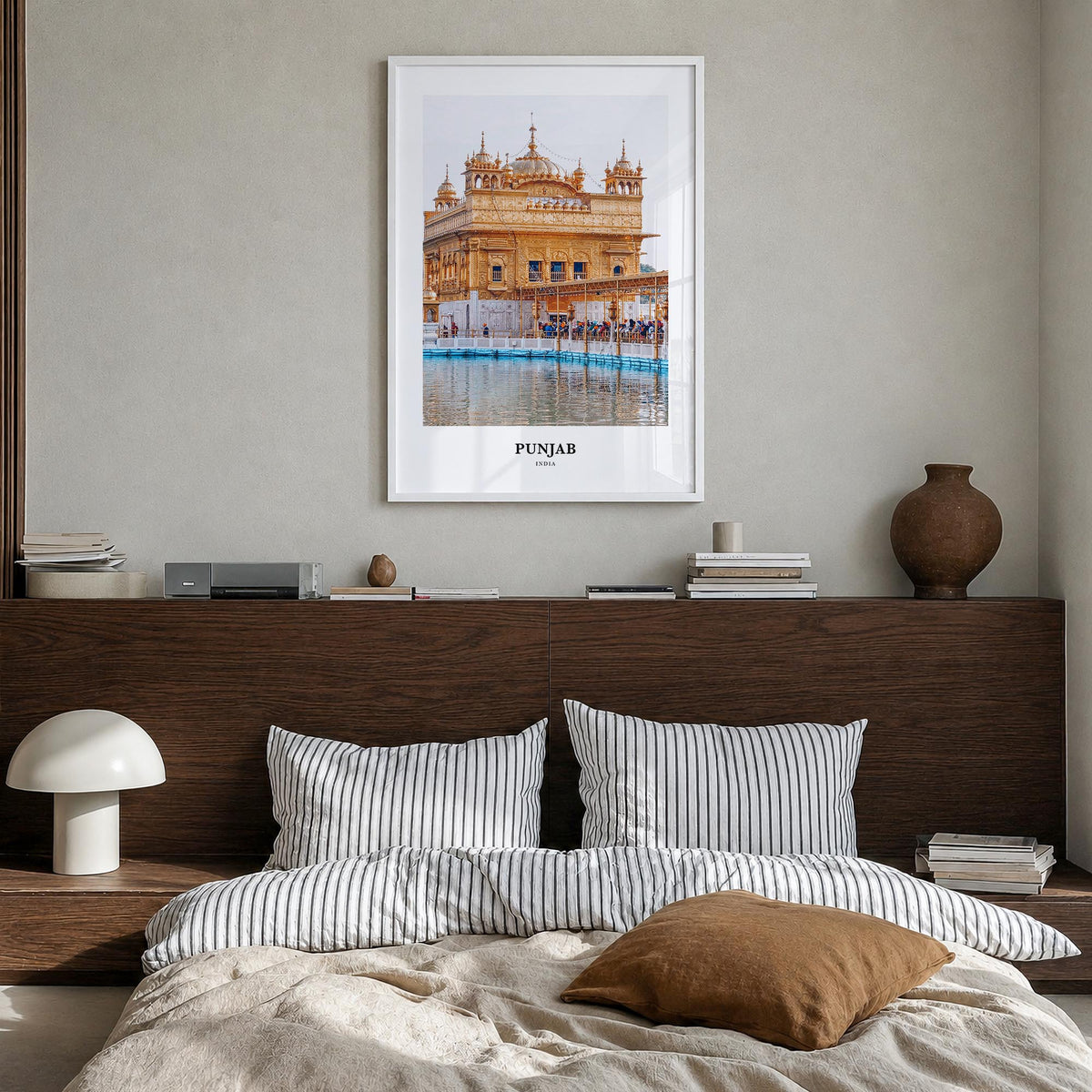 Punjab colorful classic poster of India – vertical wall art in white wood frame, hanging on wall