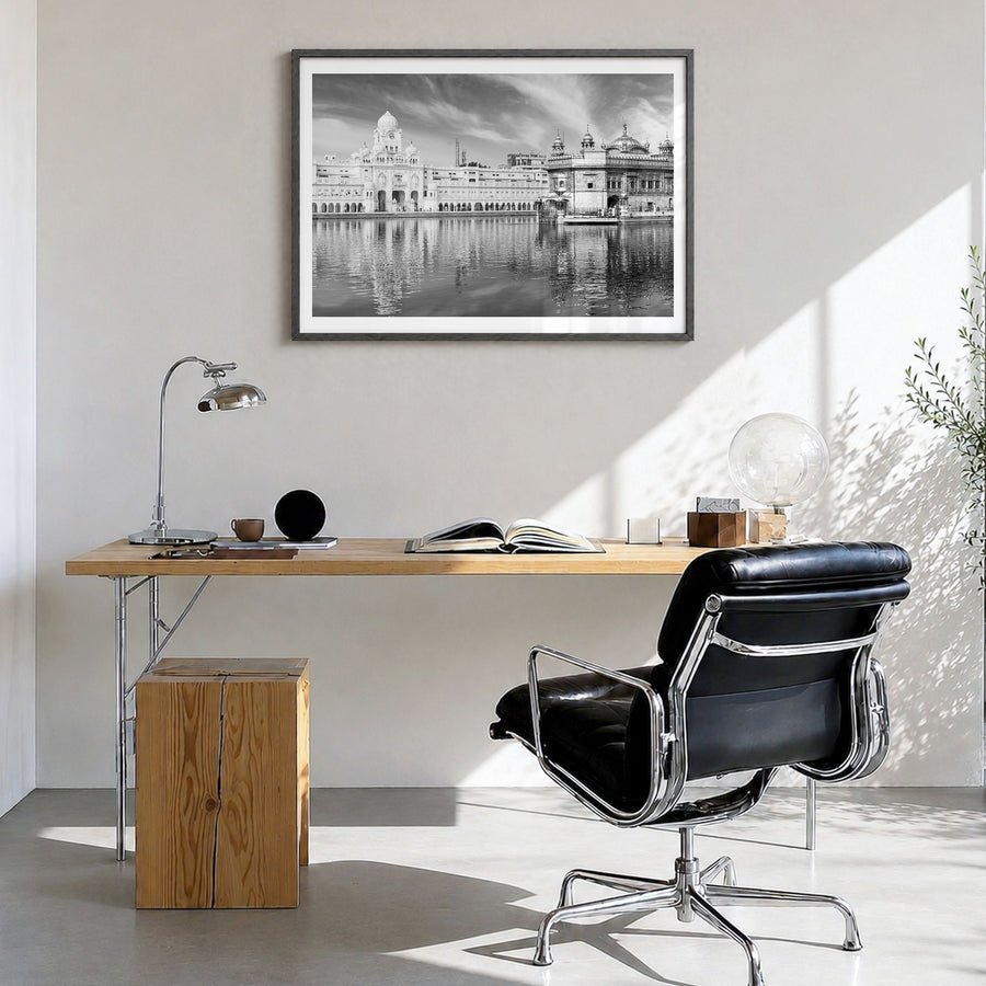 Punjab Photo Poster in a black wood frame, hanging in a bright home office, white border