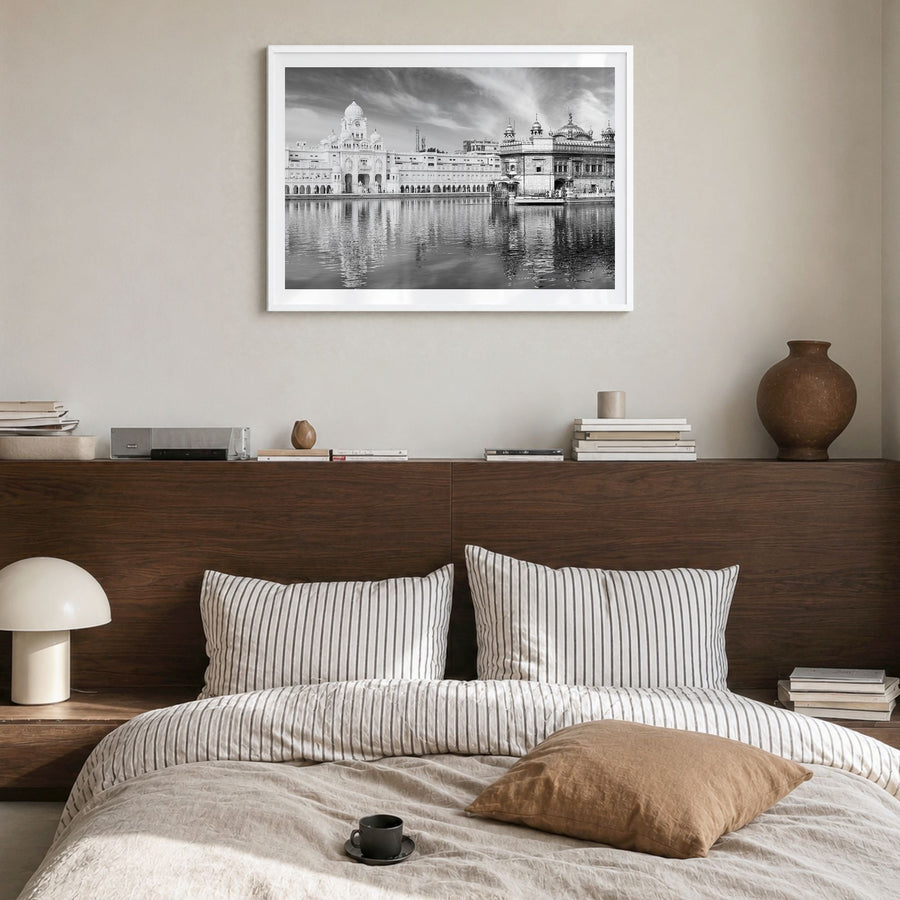 Punjab Photo Poster in a white wood frame, hanging in a bedroom, white border
