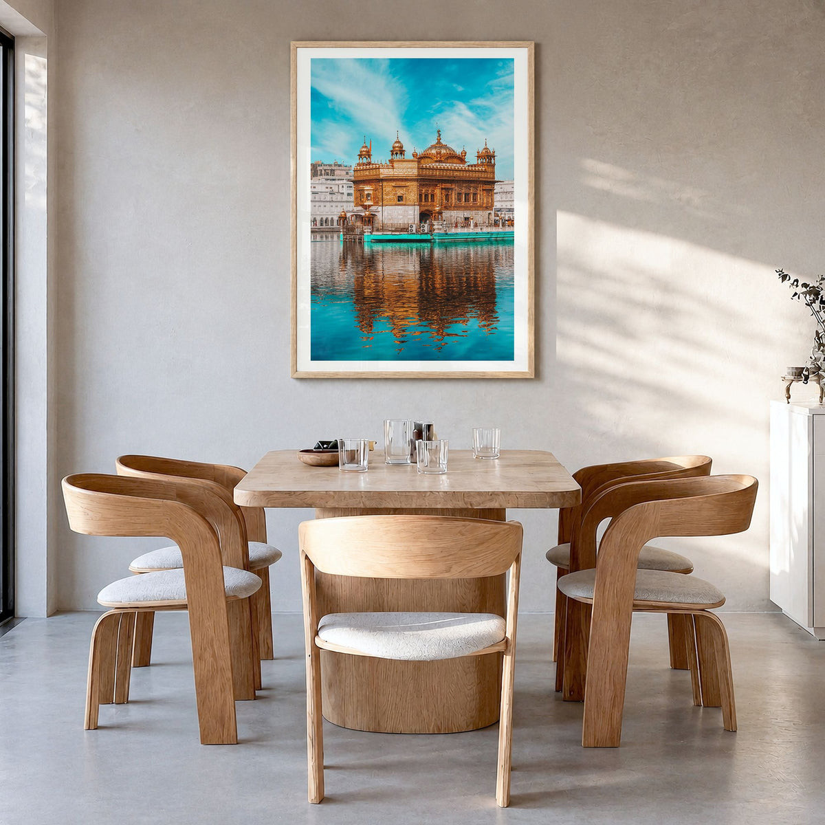 Punjab Photo No 1 Poster in a natural wood frame, hanging in a dining room, white border