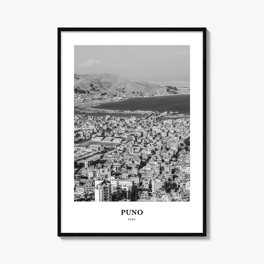 Puno black & white classic poster of Peru – vertical wall art, unframed print shown in interior mockup