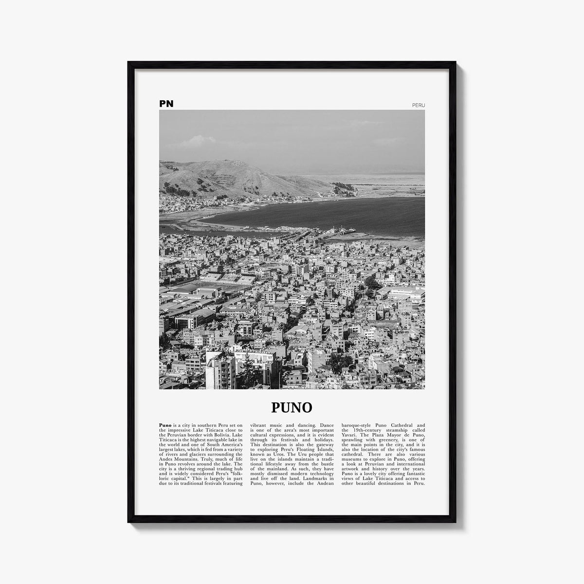 Puno black & white newspaper poster of Peru – vertical wall art, unframed print shown in interior mockup