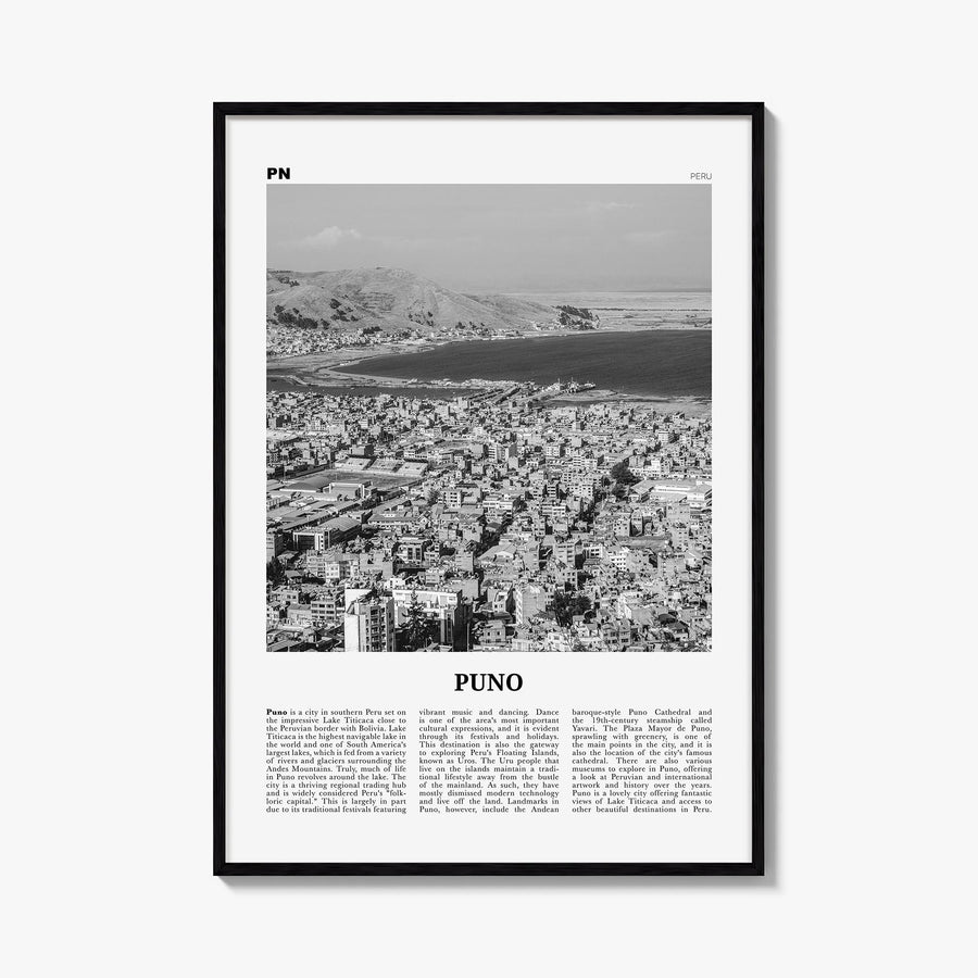 Puno black & white newspaper poster of Peru – vertical wall art, unframed print shown in interior mockup