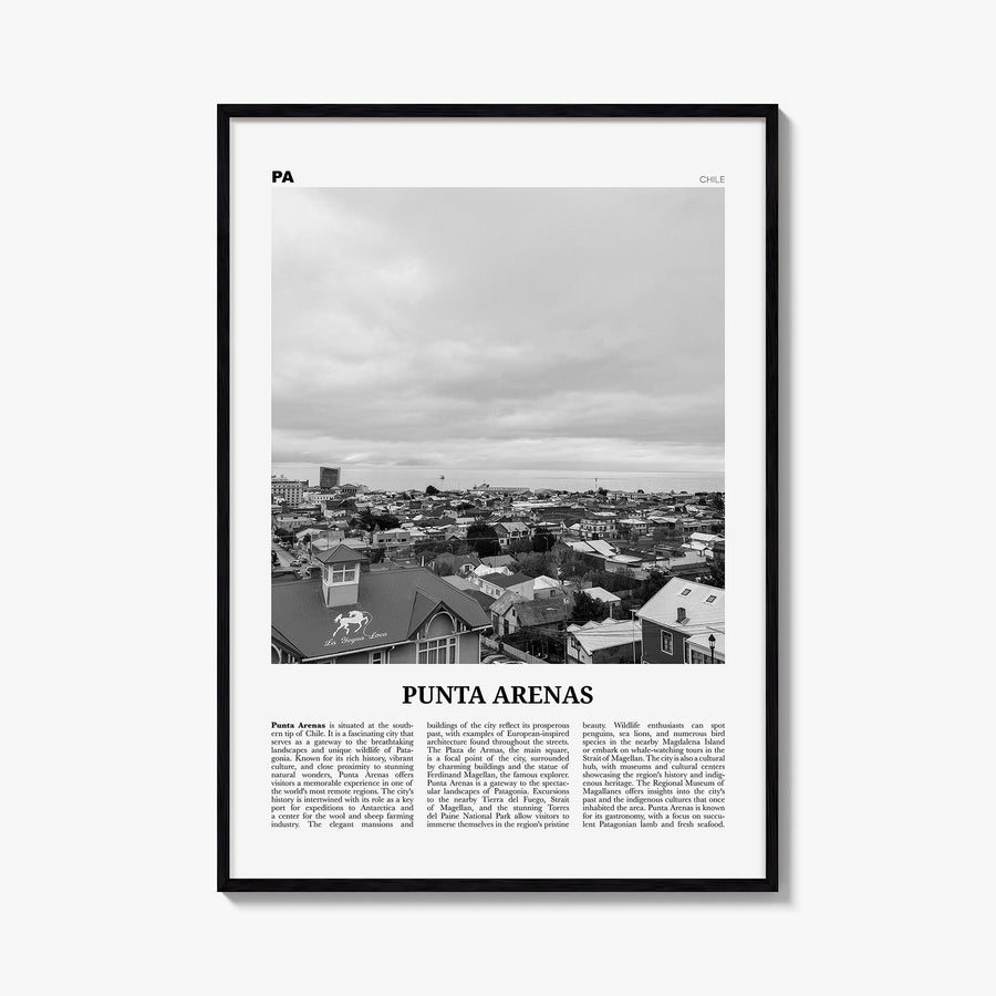 Punta Arenas black & white newspaper poster of Chile – vertical wall art, unframed print shown in interior mockup