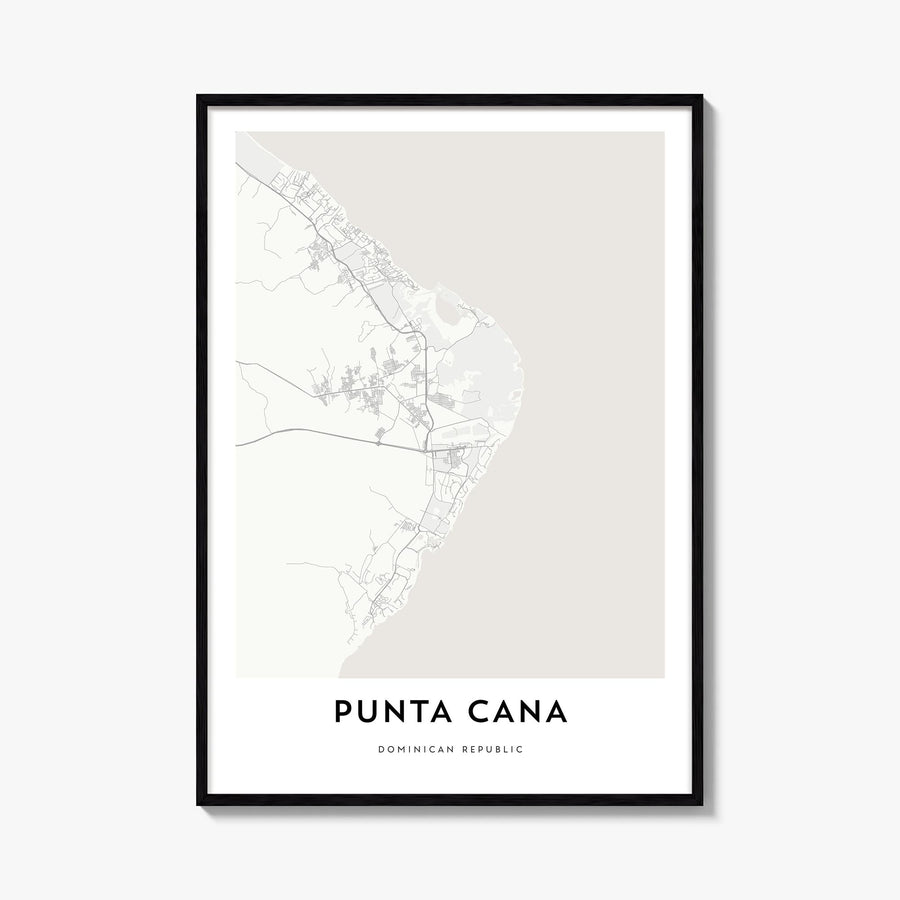 Punta Cana black & white map poster of Dominican Republic – vertical wall art, unframed print shown in interior mockup