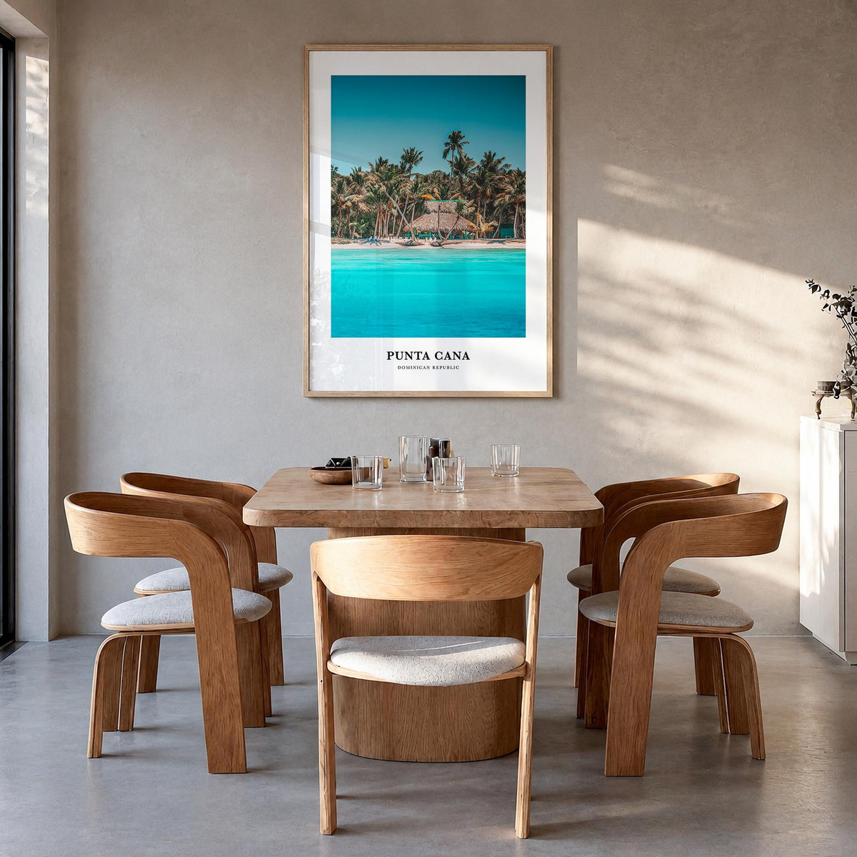 Punta Cana colorful classic poster of Dominican Republic – vertical wall art in natural wood frame, hanging on wall