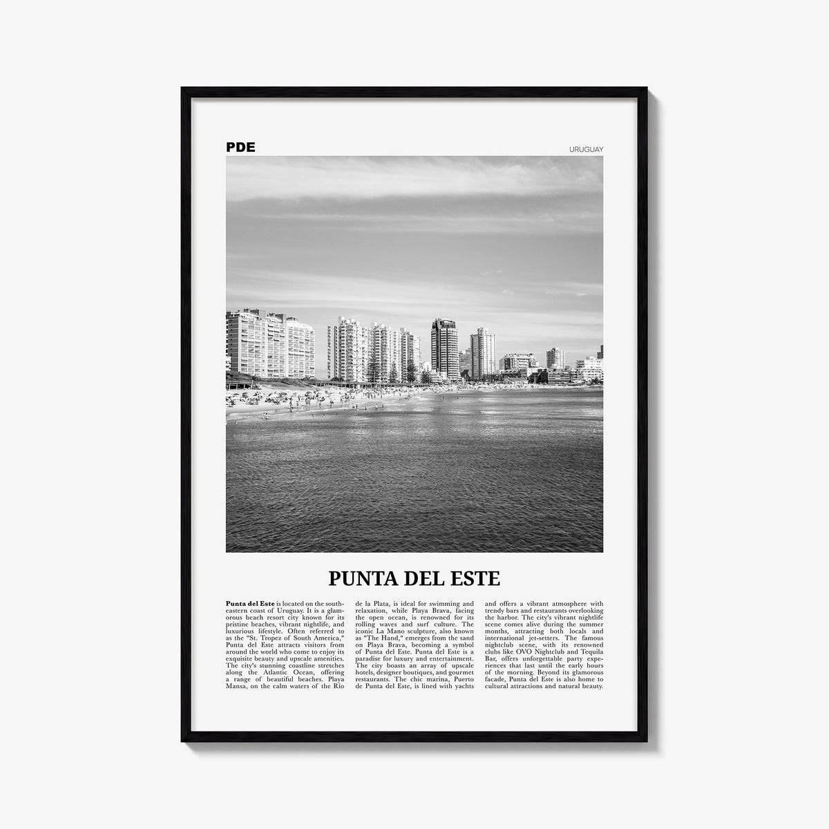 Punta del Este black & white newspaper poster of Uruguay – vertical wall art, unframed print shown in interior mockup