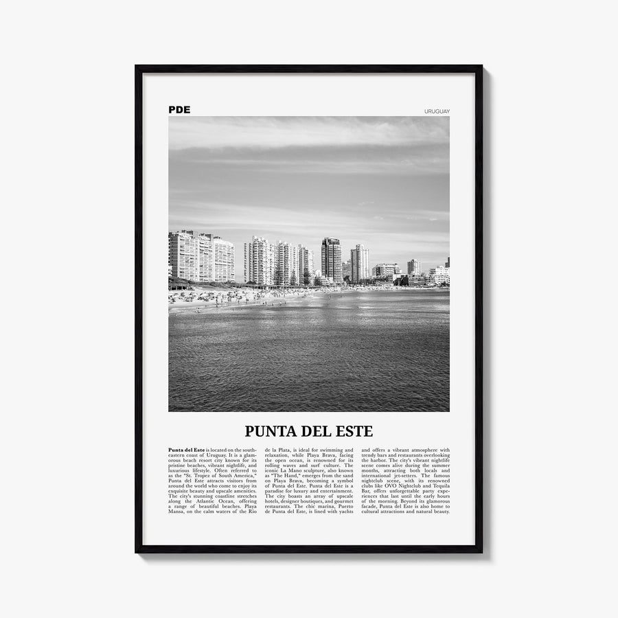 Punta del Este black & white newspaper poster of Uruguay – vertical wall art, unframed print shown in interior mockup