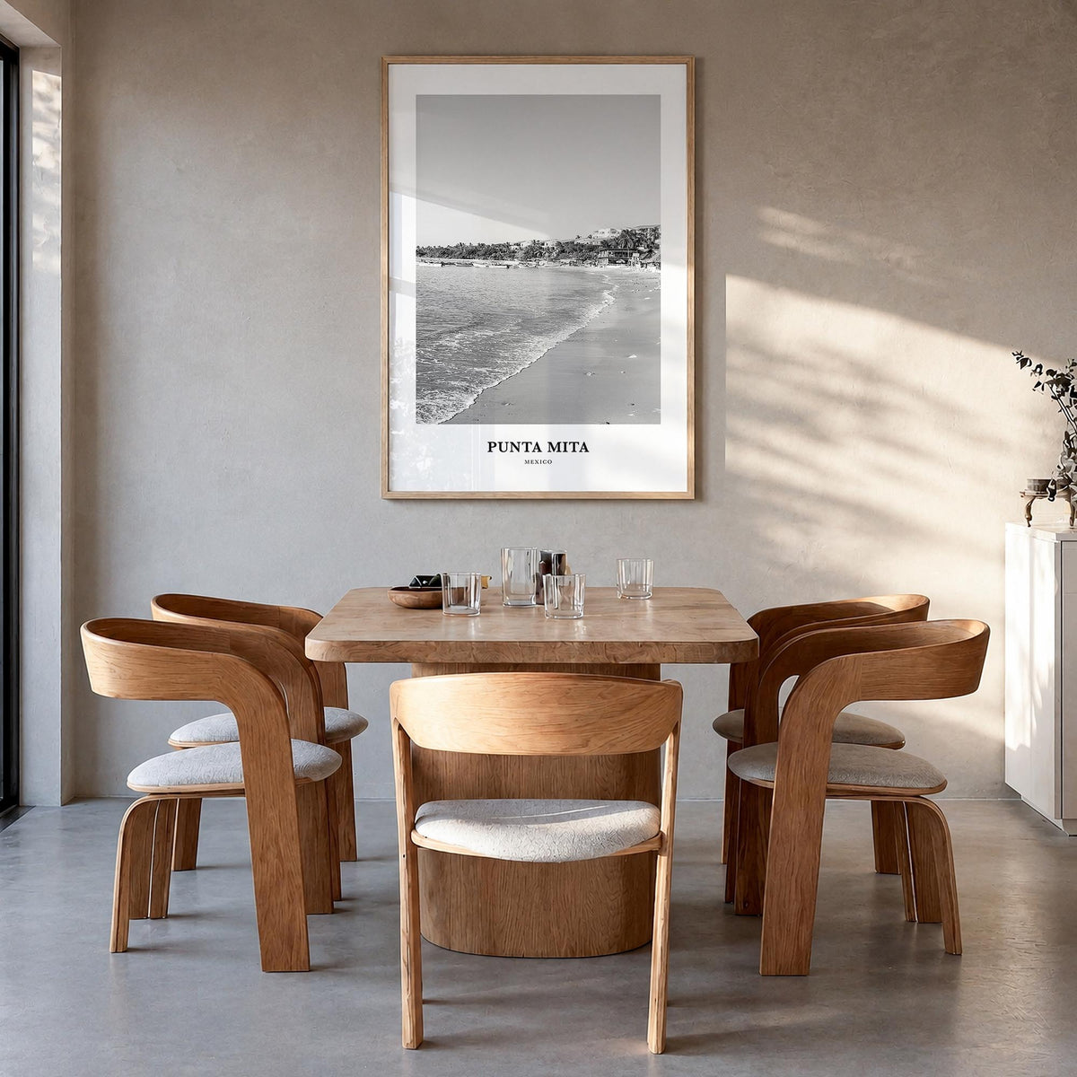 Punta Mita black & white classic poster of Mexico – vertical wall art in natural wood frame, hanging on wall