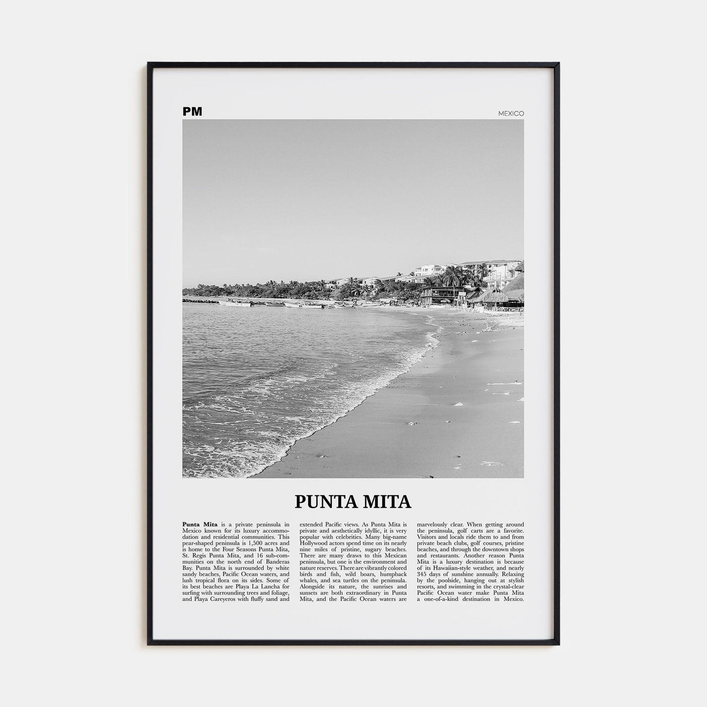 Punta Mita Poster Black Metal / 8x12 in Nbourhood Travel B&W Poster