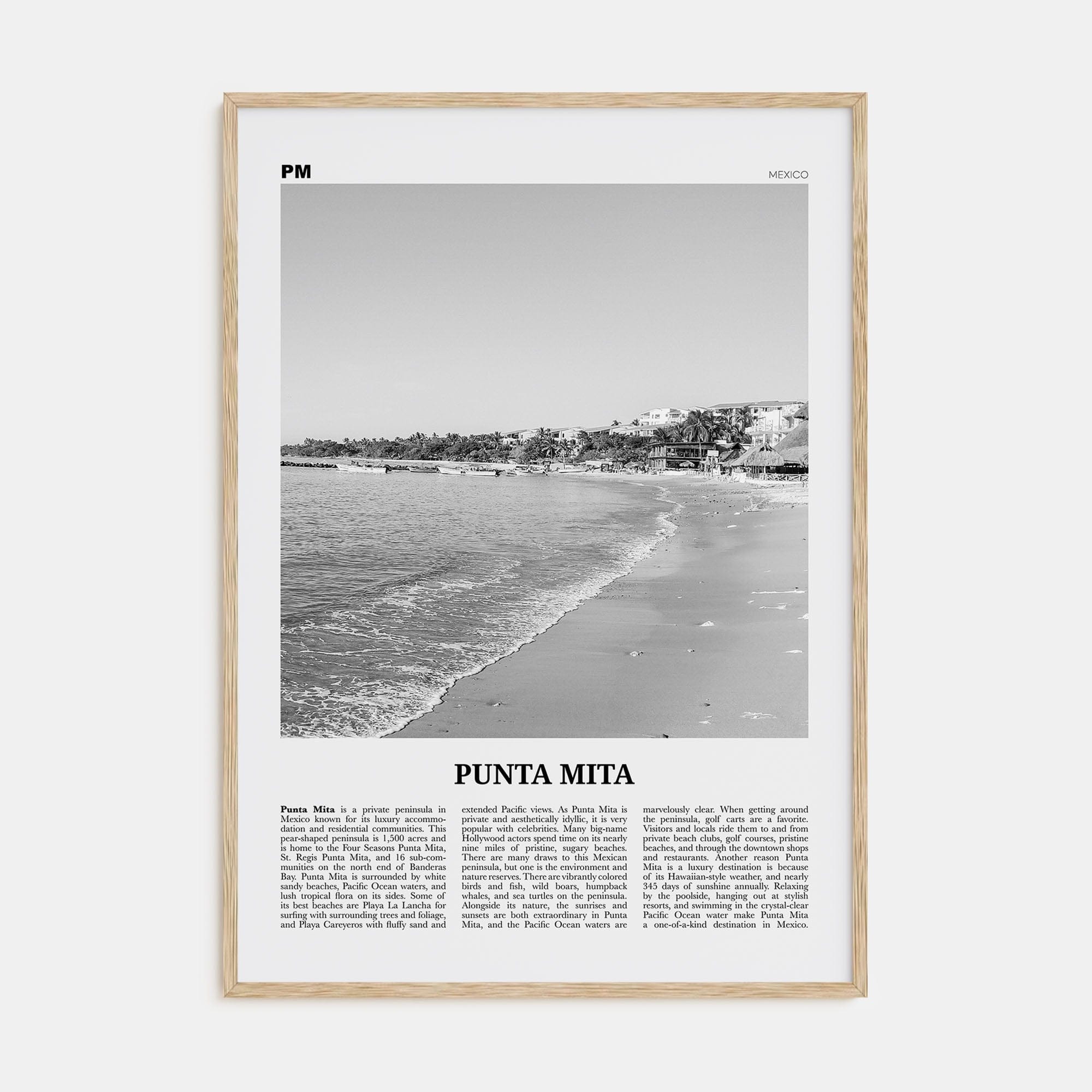 Punta Mita Poster Natural Wood / 8x12 in Nbourhood Travel B&W Poster