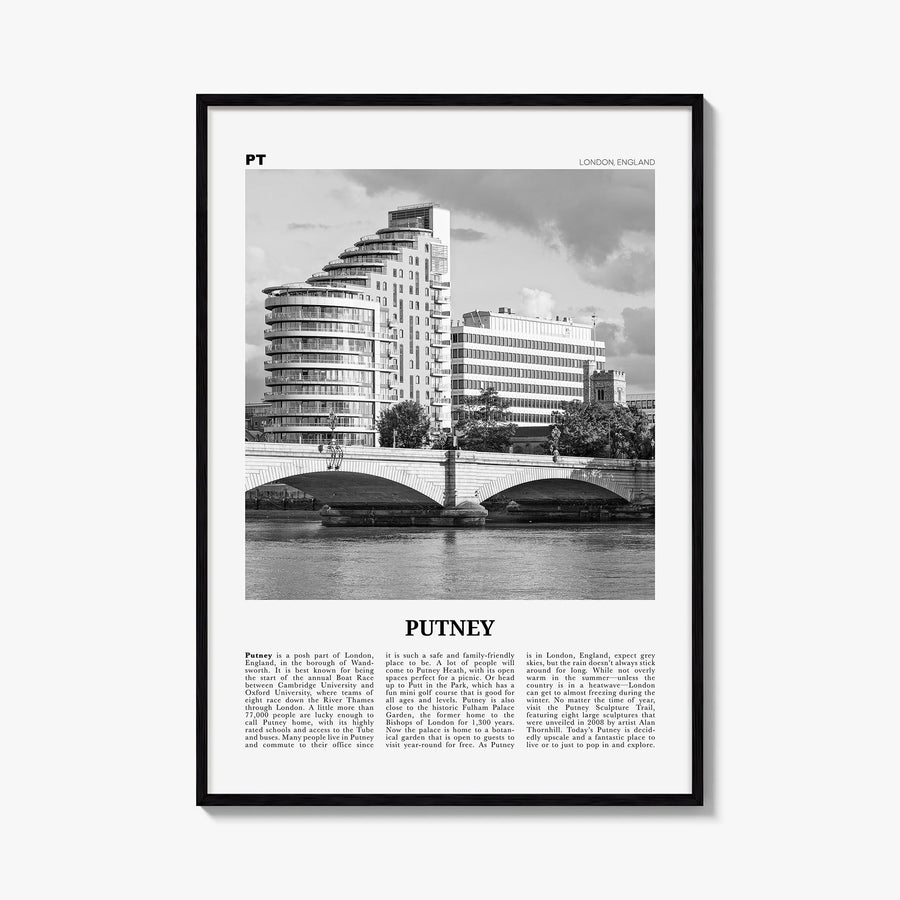 Putney black & white newspaper poster of United Kingdom – vertical wall art, unframed print shown in interior mockup