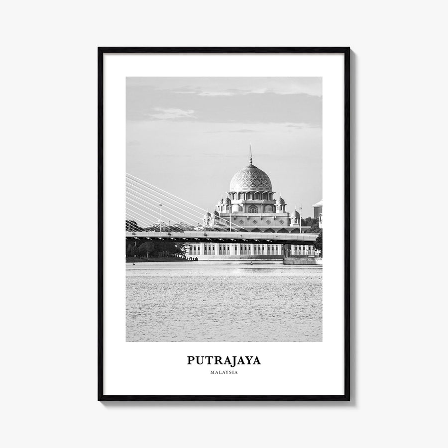 Putrajaya black & white classic poster of Malaysia – vertical wall art, unframed print shown in interior mockup
