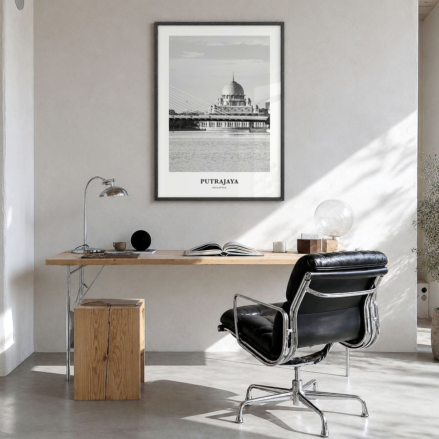 Putrajaya Classic Poster in a black wood frame, hanging in a bright home office