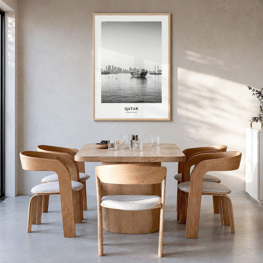 Qatar Classic Poster in a natural wood frame, hanging in a dining room