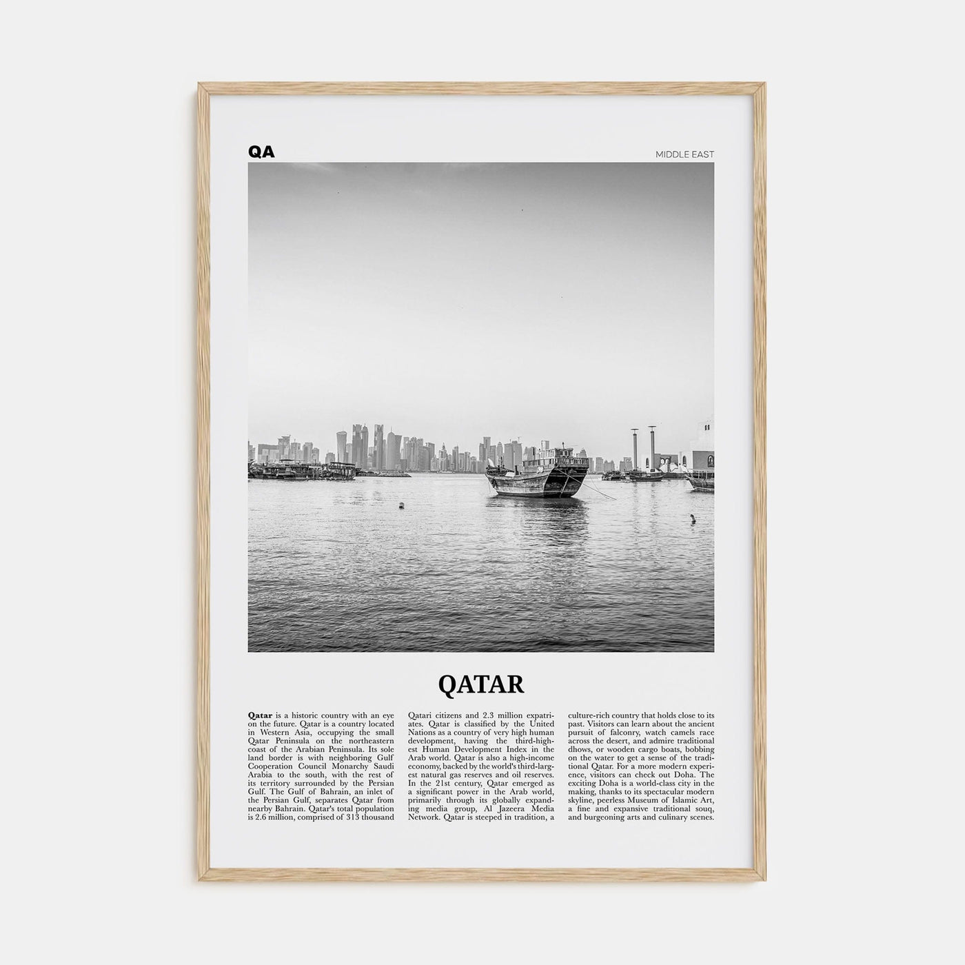 Qatar Poster Natural Wood / 8x12 in Nbourhood Travel B&W Poster