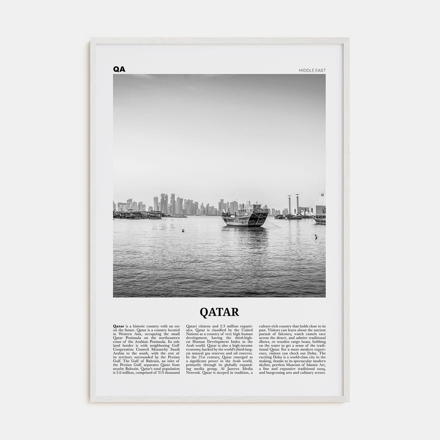 Qatar Poster White Wood / 8x12 in Nbourhood Travel B&W Poster