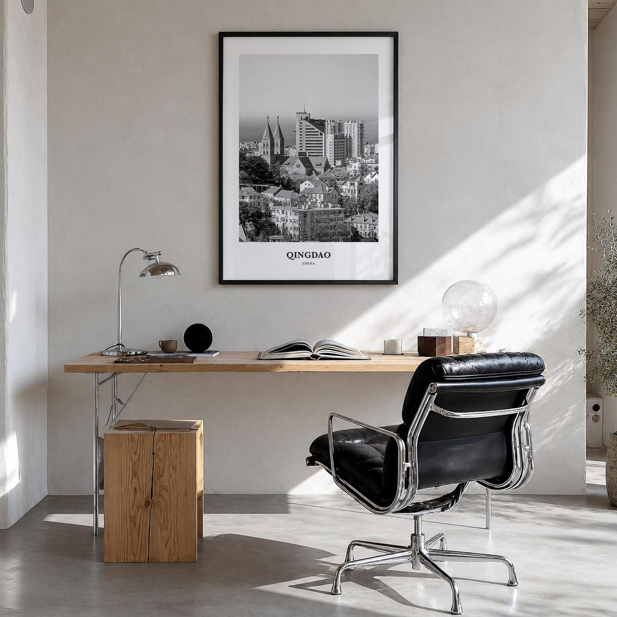 Qingdao black & white classic poster of China – vertical wall art in black wood frame, hanging on wall
