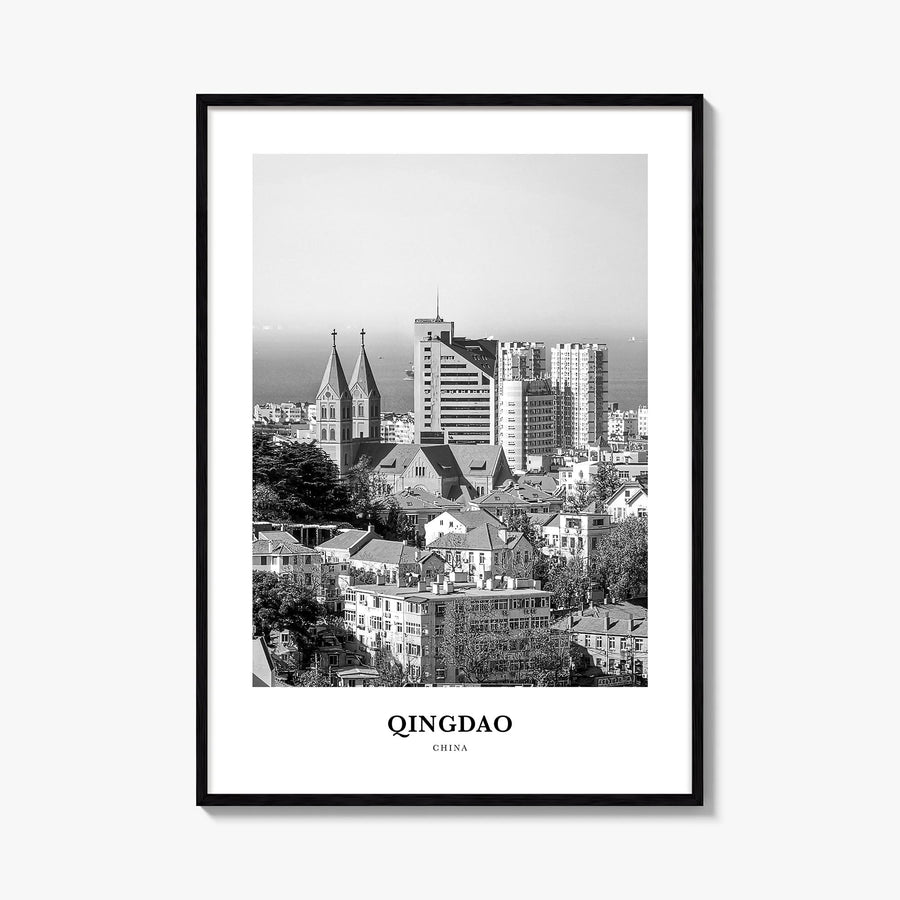 Qingdao black & white classic poster of China – vertical wall art, unframed print shown in interior mockup