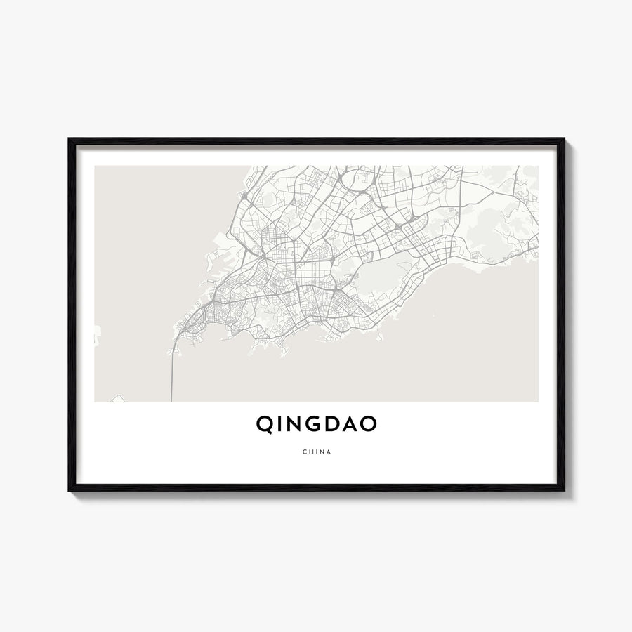 Qingdao black & white map poster of China – horizontal wall art, unframed print shown in interior mockup