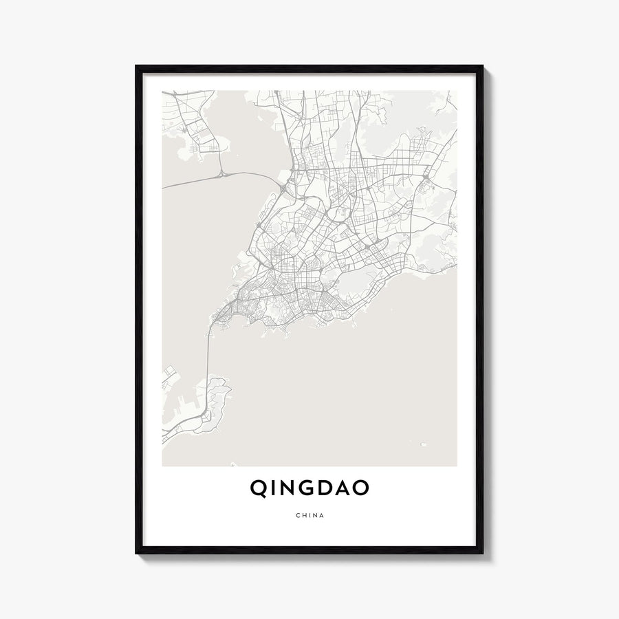 Qingdao black & white map poster of China – vertical wall art, unframed print shown in interior mockup