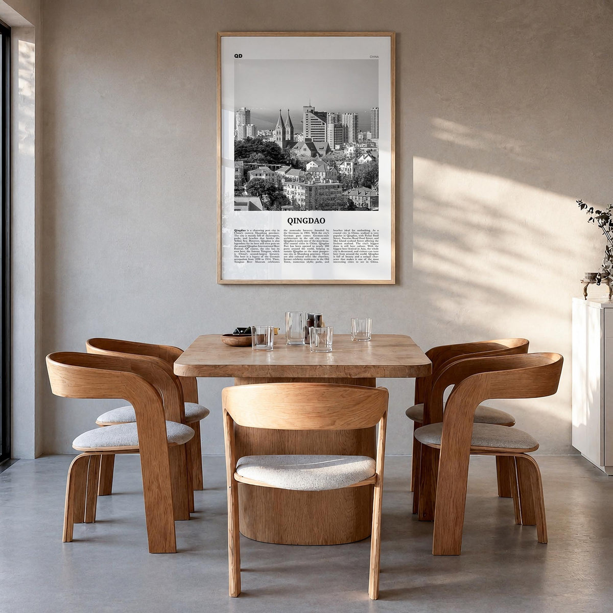 Qingdao black & white newspaper poster of China – vertical wall art in natural wood frame, hanging on wall