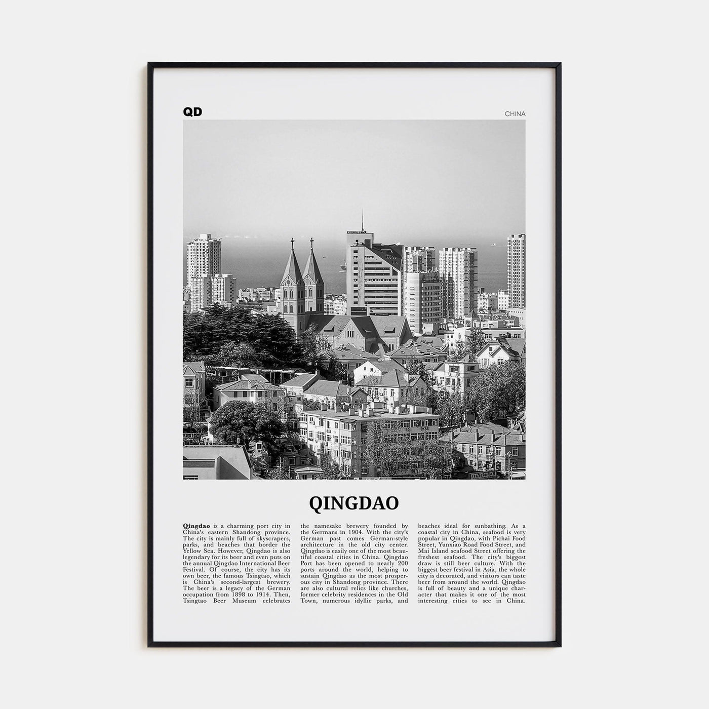 Qingdao Poster Black Metal / 8x12 in Nbourhood Travel B&W Poster