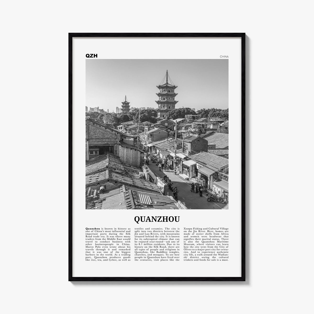 Quanzhou black & white newspaper poster of China – vertical wall art, unframed print shown in interior mockup