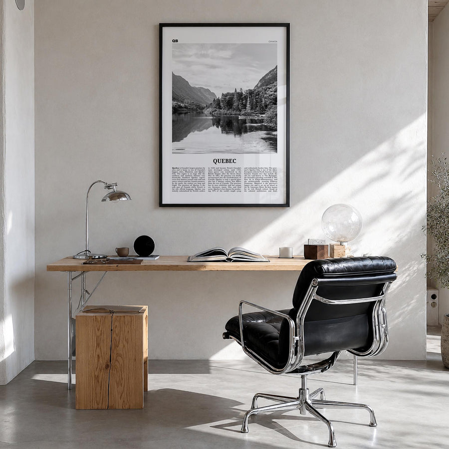 Quebec black & white newspaper poster of Canada – vertical wall art in black wood frame, hanging on wall