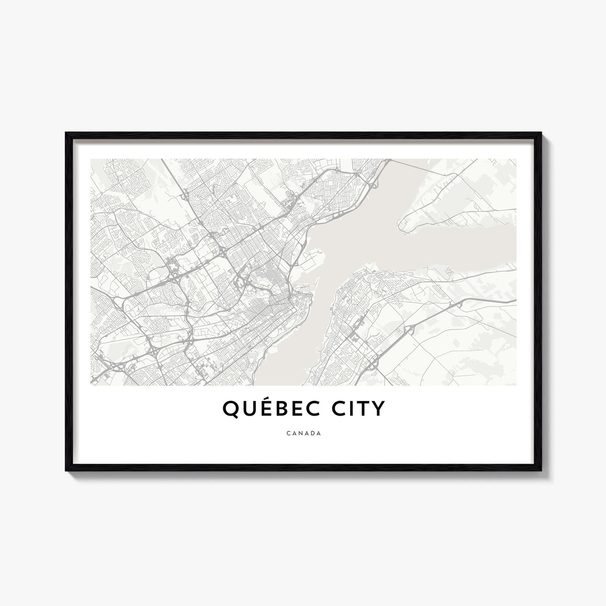 Quebec City black & white map poster of Quebec, Canada – horizontal wall art, unframed print shown in interior mockup
