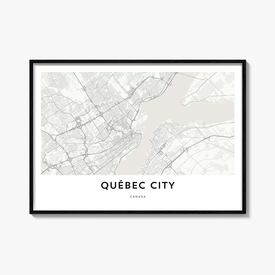 Quebec City black & white map poster of Quebec, Canada – horizontal wall art, unframed print shown in interior mockup