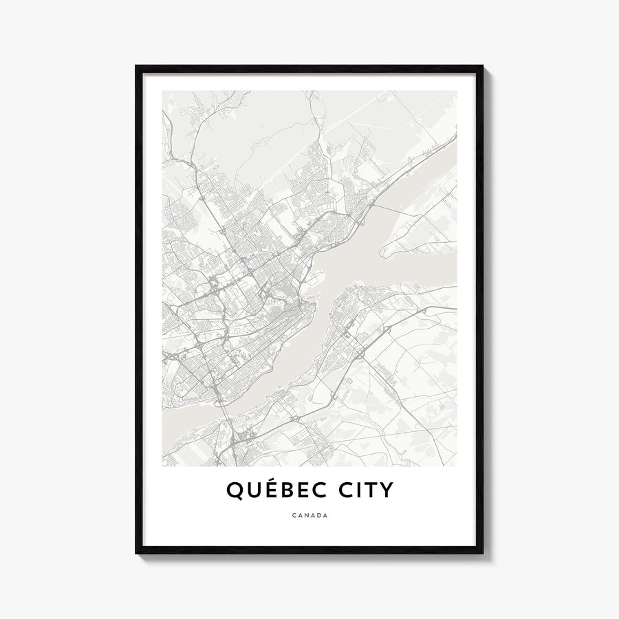 Quebec City black & white map poster of Quebec, Canada – vertical wall art, unframed print shown in interior mockup