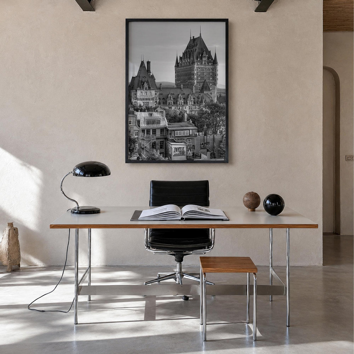 Quebec City black & white photo poster of Quebec, Canada – vertical wall art in black wood frame, hanging on wall