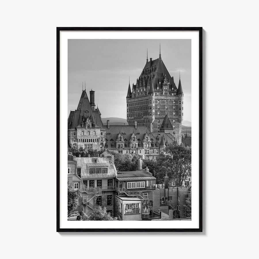 Quebec City black & white photo poster of Quebec, Canada – vertical wall art, unframed print shown in interior mockup