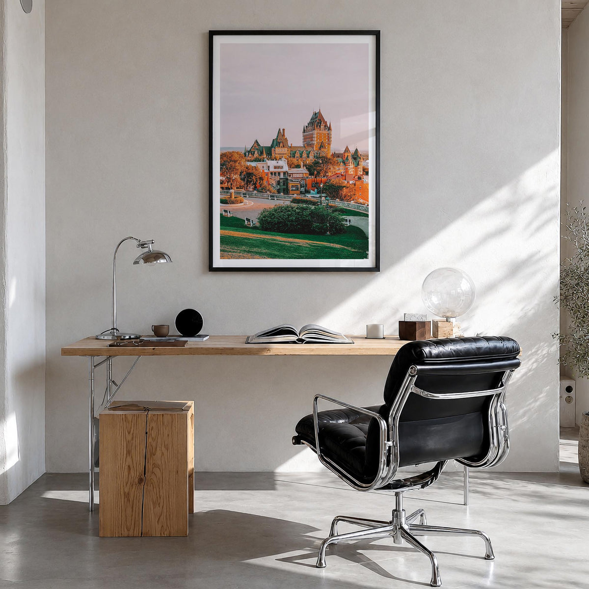 Quebec City colorful photo poster of Quebec, Canada – vertical wall art in black wood frame with white border, hanging on wal