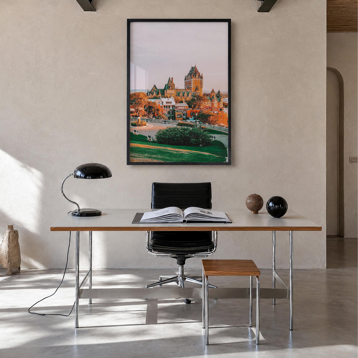 Quebec City colorful photo poster of Quebec, Canada – vertical wall art in black wood frame, hanging on wall