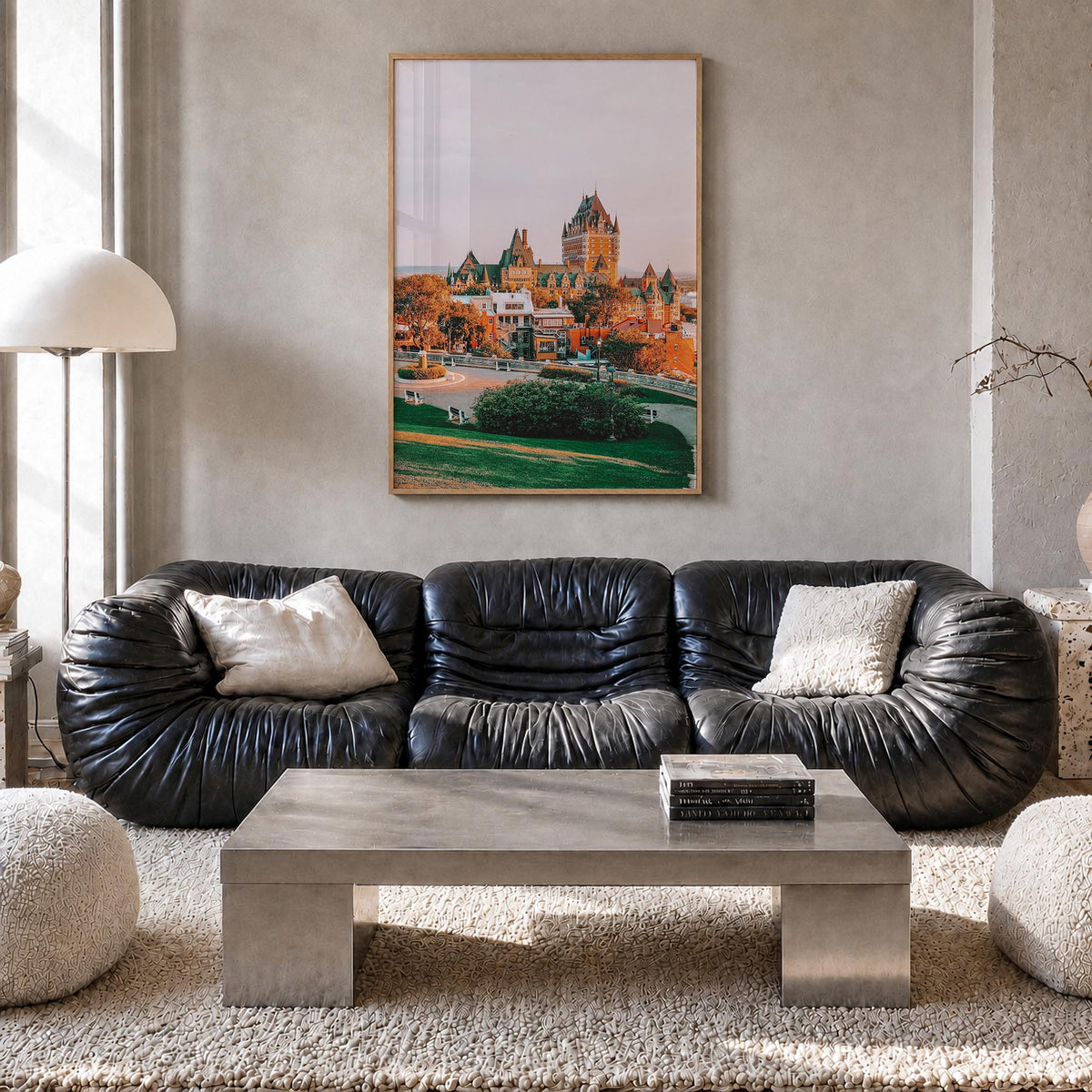 Quebec City colorful photo poster of Quebec, Canada – vertical wall art in natural wood frame, hanging on wall